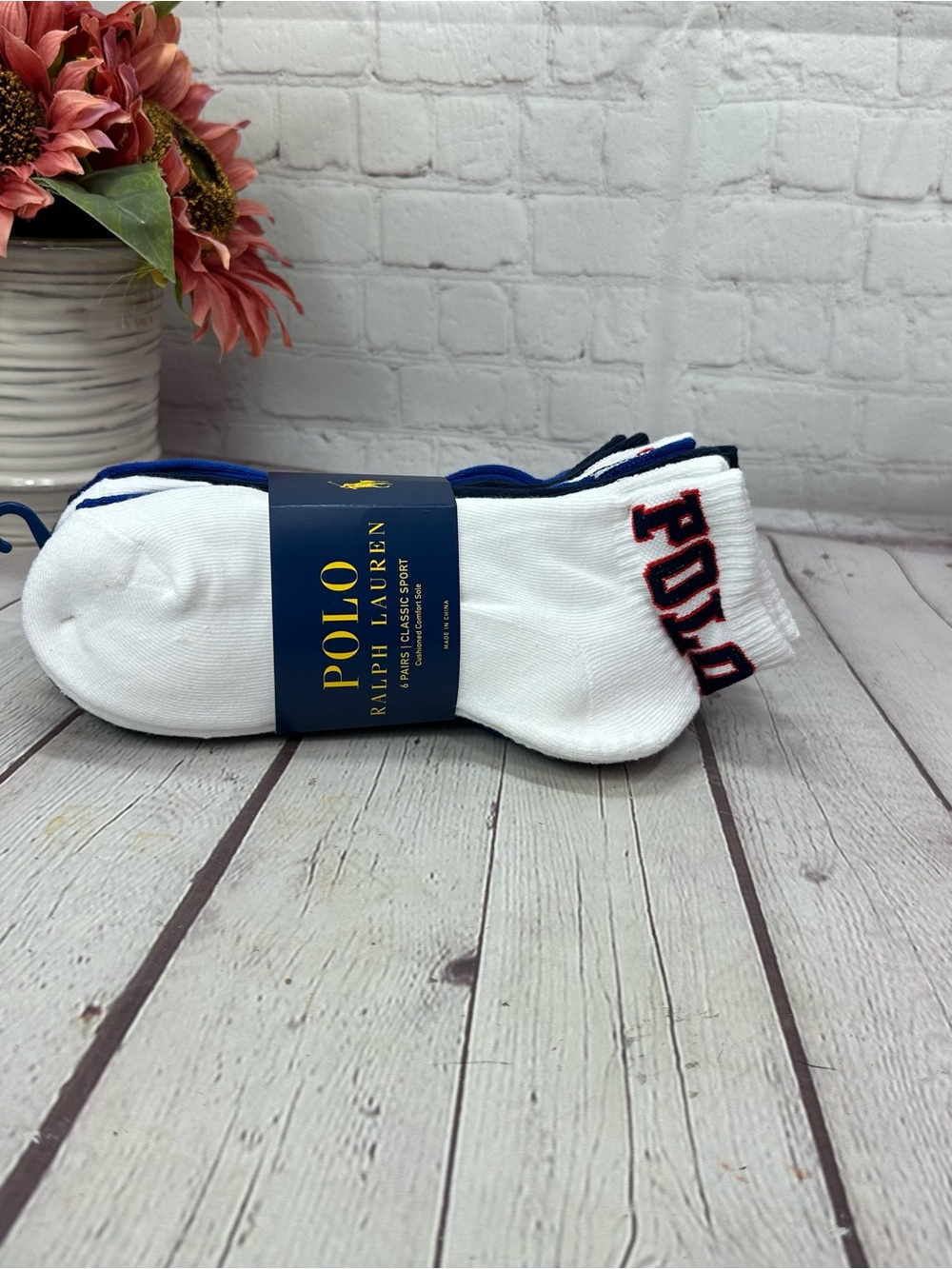 Polo by Ralph Lauren White Ankle Socks with Navy & Red Logo - 3 Pack